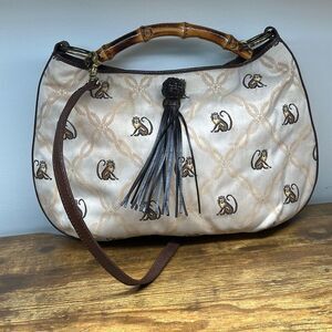 Tommy Bahama Vintage Monkey Business Bamboo Handle Leather Trim  HandBag Purse